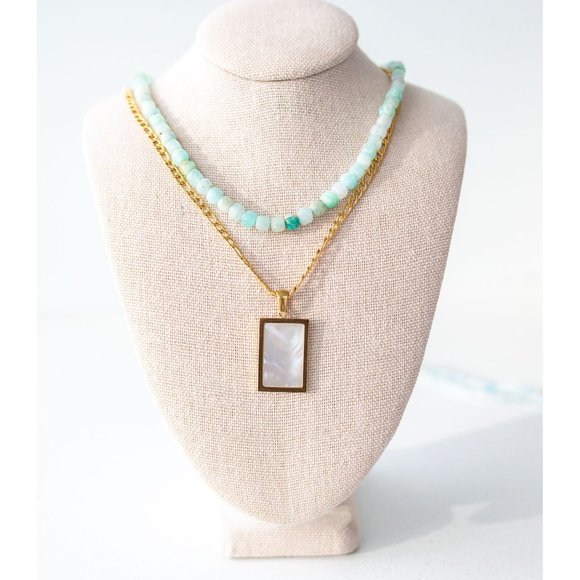 Turquoise Amazonite Gemstone Necklace Gold Toggle Clasp Removable Baroque Pearl - Picture 4 of 12